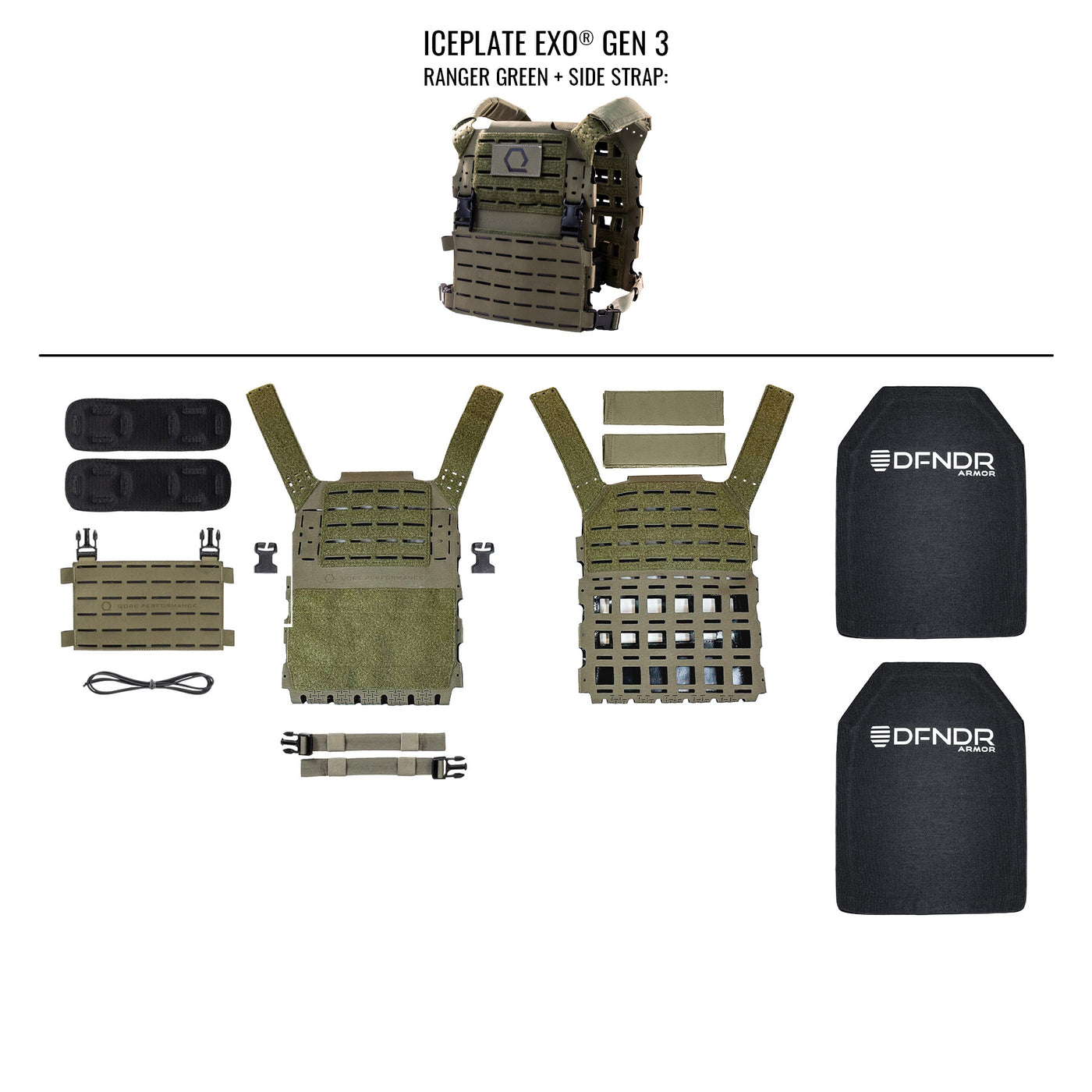 Ensemble d'armure IcePlate EXO® DFNDR de niveau III (comprend 2 plaques rigides homologuées pour fusil d'armure DFNDR)