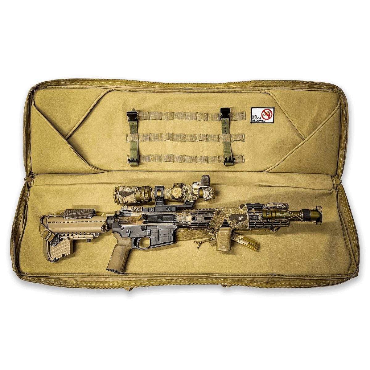 Animated GIF showing Ranger green MOLLE Velcro straps routed and fastened inside a soft rifle case to secure a rifle for transport.