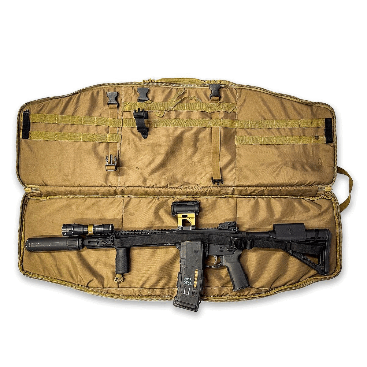 Animated view demonstrating quick-release side buckle deployment and strap adjustment on a soft gun case and MOLLE panel.