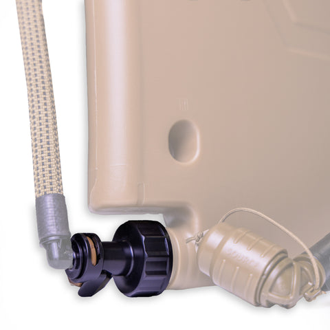 Side view of ICECAP Gen 3 attached to ICEPLATE Gen 3 in Coyote Brown with hydration tube, demonstrating thread compatibility; ICECAP highlighted with rest of image greyed out.