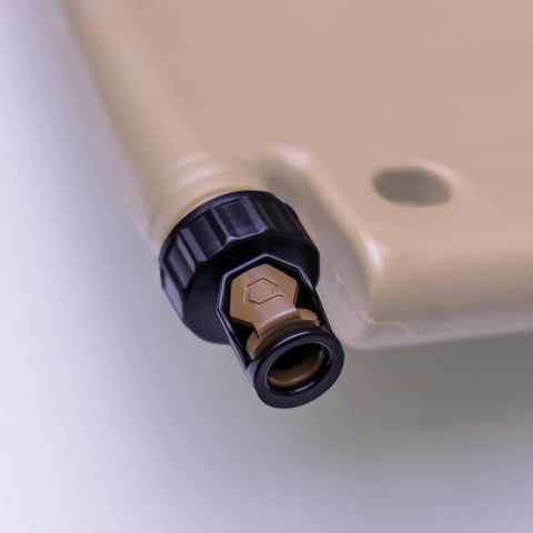 Top-down view of ICECAP Gen 3 attached to ICEPLATE Gen 3 in Coyote Brown, demonstrating thread compatibility; ICECAP highlighted with rest of image greyed out.