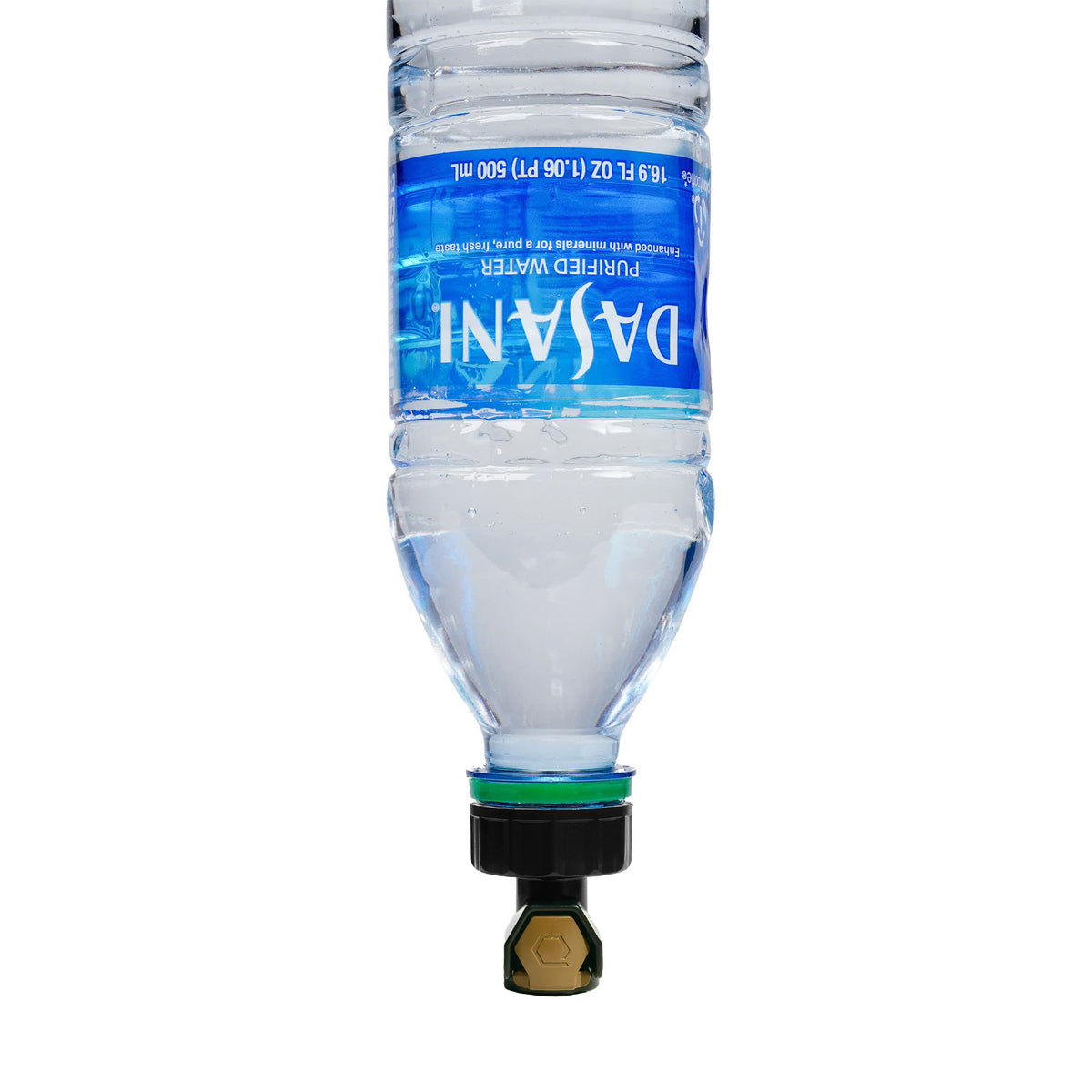 ICECAP Gen 3 secured to an upside-down Dasani 28-410 plastic bottle, demonstrating water-tight thread compatibility.