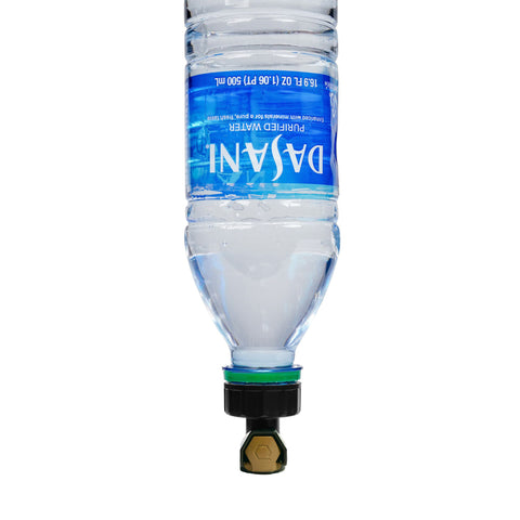 ICECAP Gen 3 secured to an upside-down Dasani 28-410 plastic bottle, demonstrating water-tight thread compatibility.