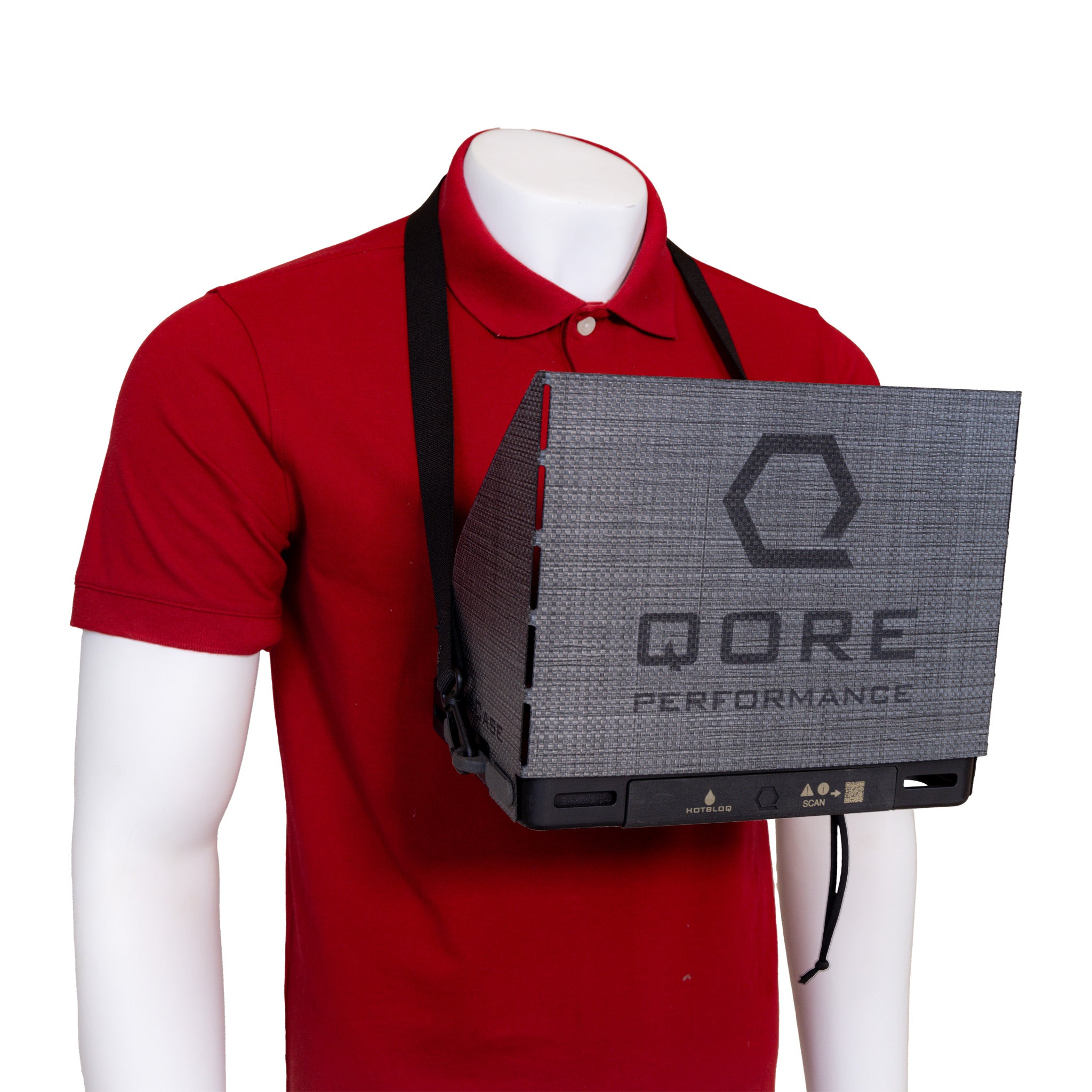 ICECASE Neck Strap worn over the shoulder as a sling, demonstrating adjustability, compact profile, and professional black finish for low visibility.