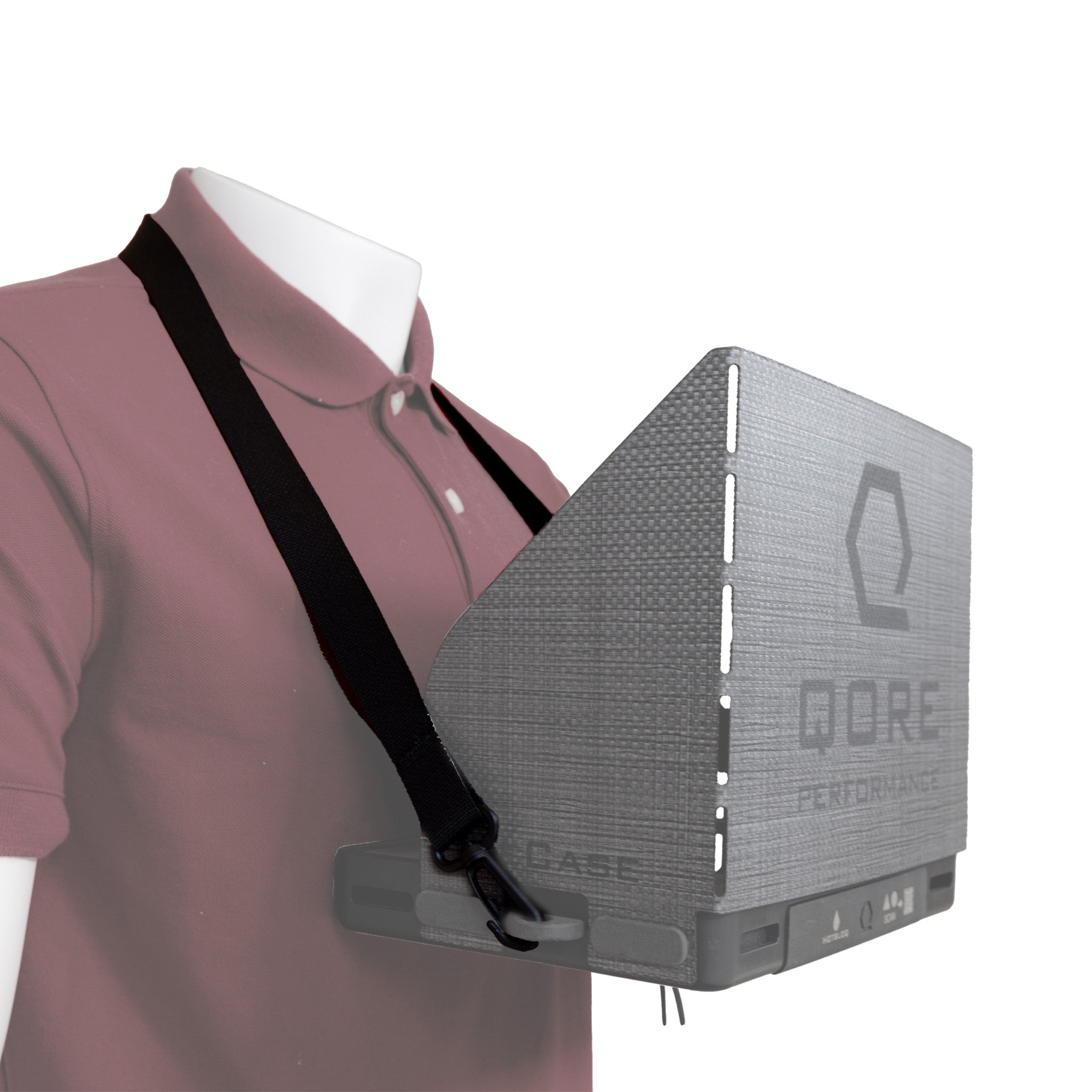 Model wearing ICECASE Neck Strap around the neck with ICECASE iPad attached, illustrating hands-free access, low-bounce carry, and ergonomic fit.