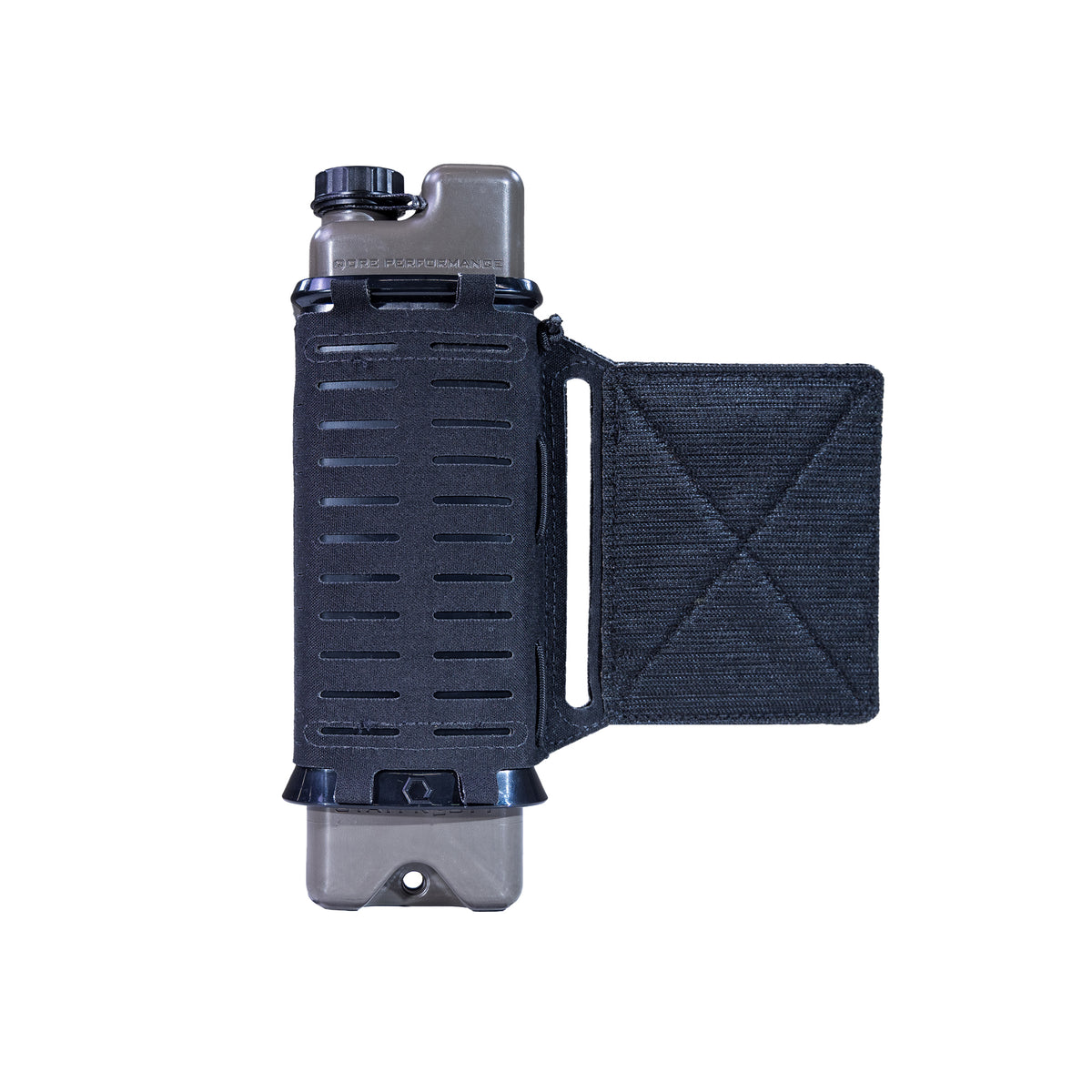 Isolated front view of ICEFLASK® Ranger Green canteen in Obsidian Black Wing holster, velcro wing extending to the right; canteen closed with black tether cap. 