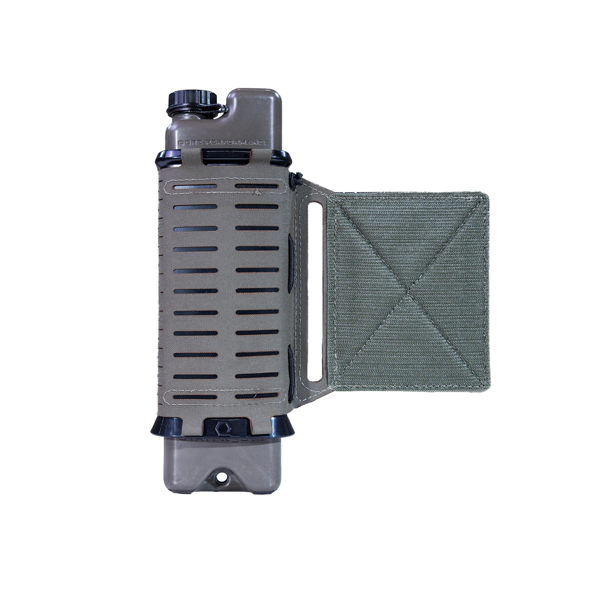 Isolated product shot of ICEFLASK® Ranger Green canteen in Ranger Green Wing Holster; velcro wing extending to the right. Canteen shows black tether cap at opening.