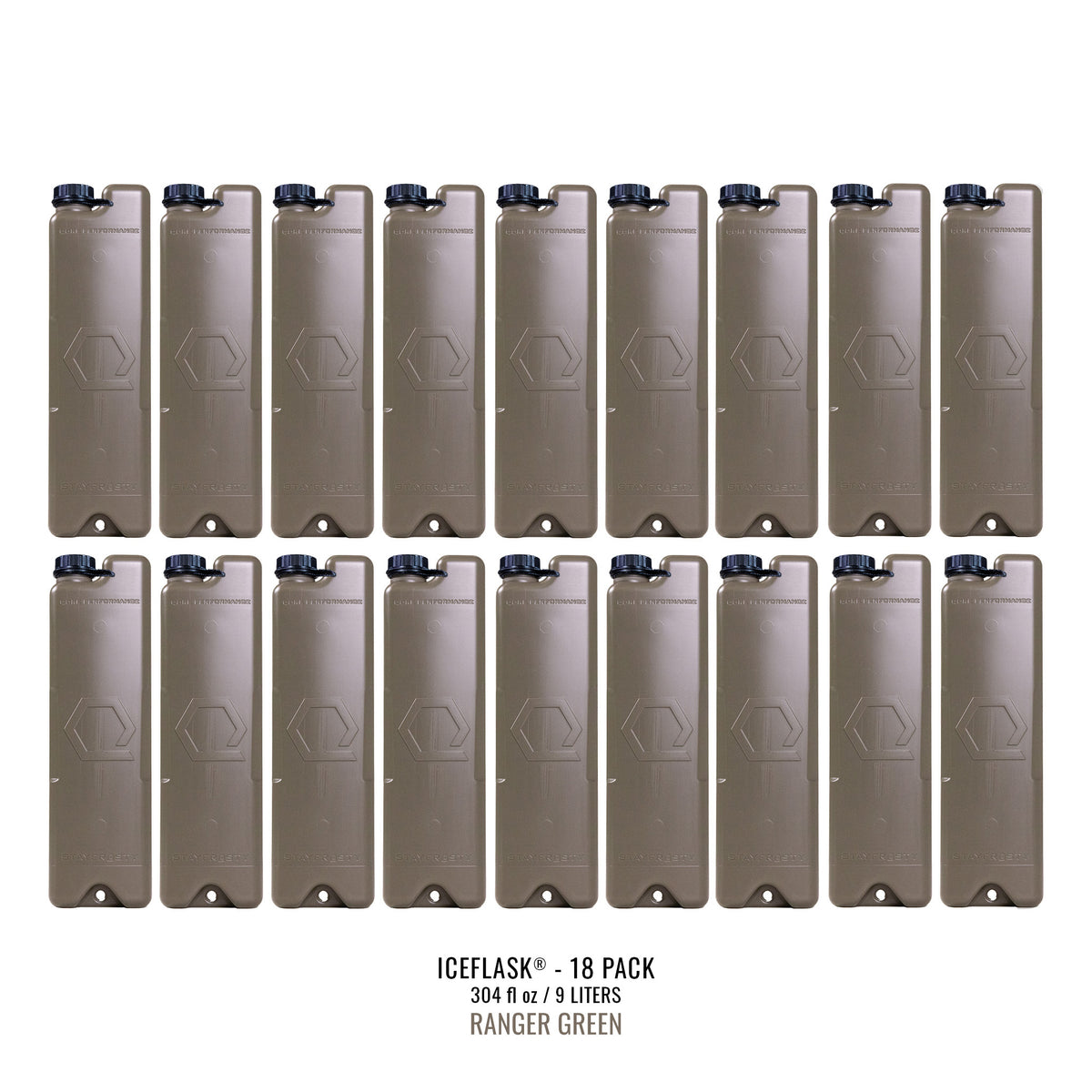 Eighteen-pack of ICEFLASK® Ranger Green canteens.