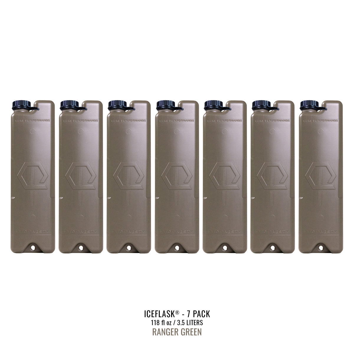 Seven-pack of ICEFLASK® Ranger Green canteens with tether caps.