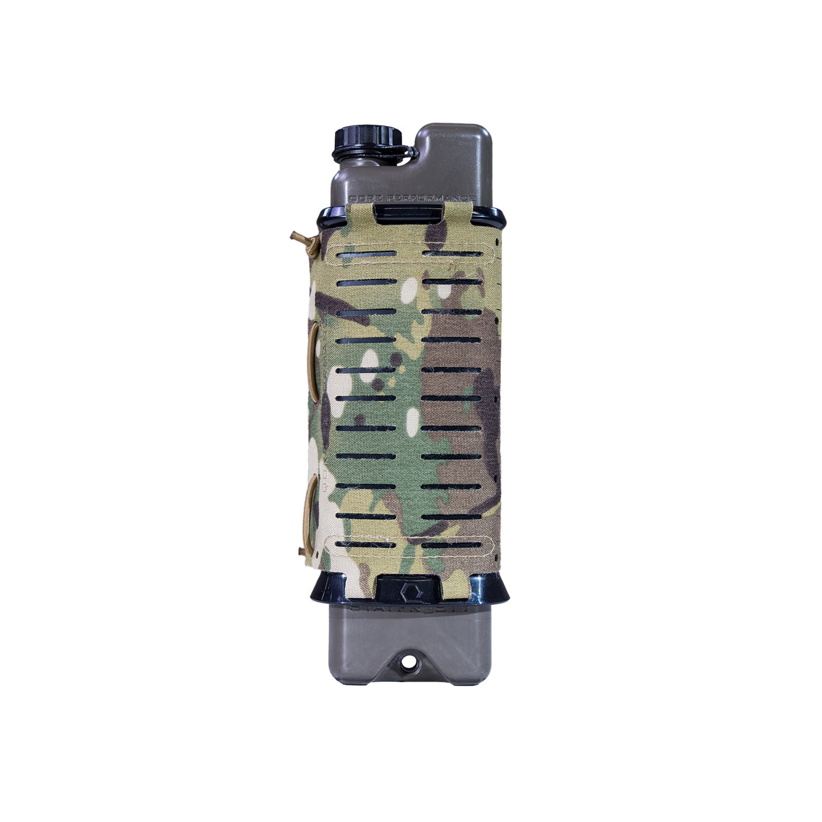Isolated product shot of ICEFLASK® Ranger Green canteen in MultiCam MOLLE Holster. Canteen shows black tether cap at opening (left angle).