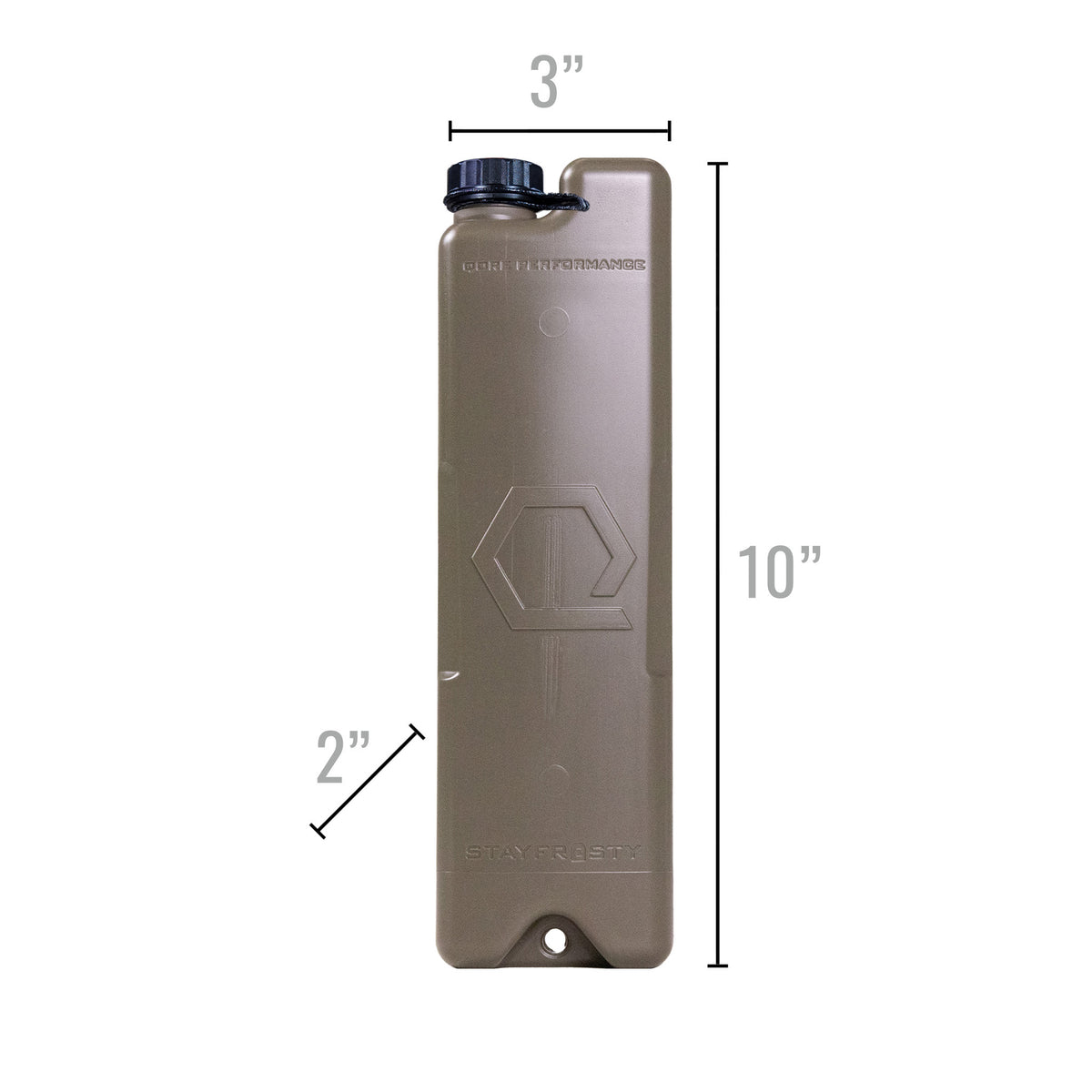 Isolated product shot of ICEFLASK, with graphic overlay showing dimensions: 3" x 10" x 2"