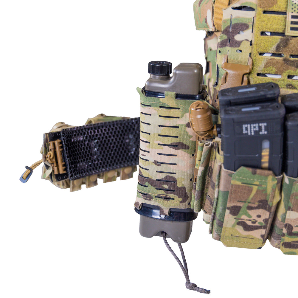 Close-up of ICEFLASK in MultiCam MOLLE Holster mounted on the side of ICEPLATE EXO Plate Carrier.