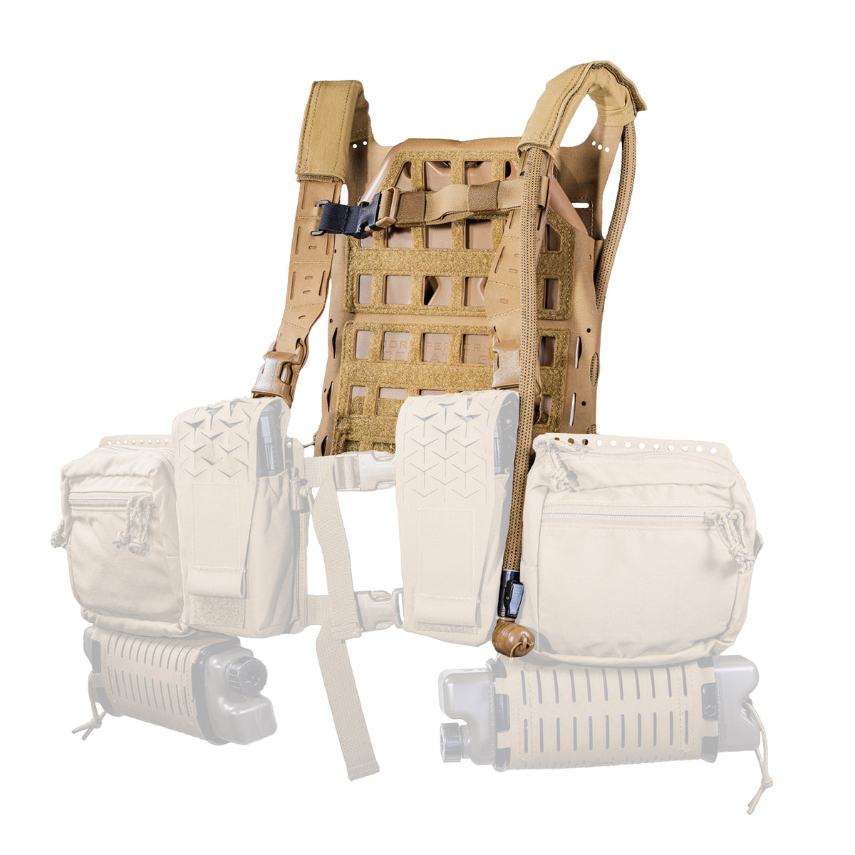 Front view of ICEPLATE Backpack Gen 3 in Coyote Brown integrated with Battle Jacket concept; backpack highlighted.