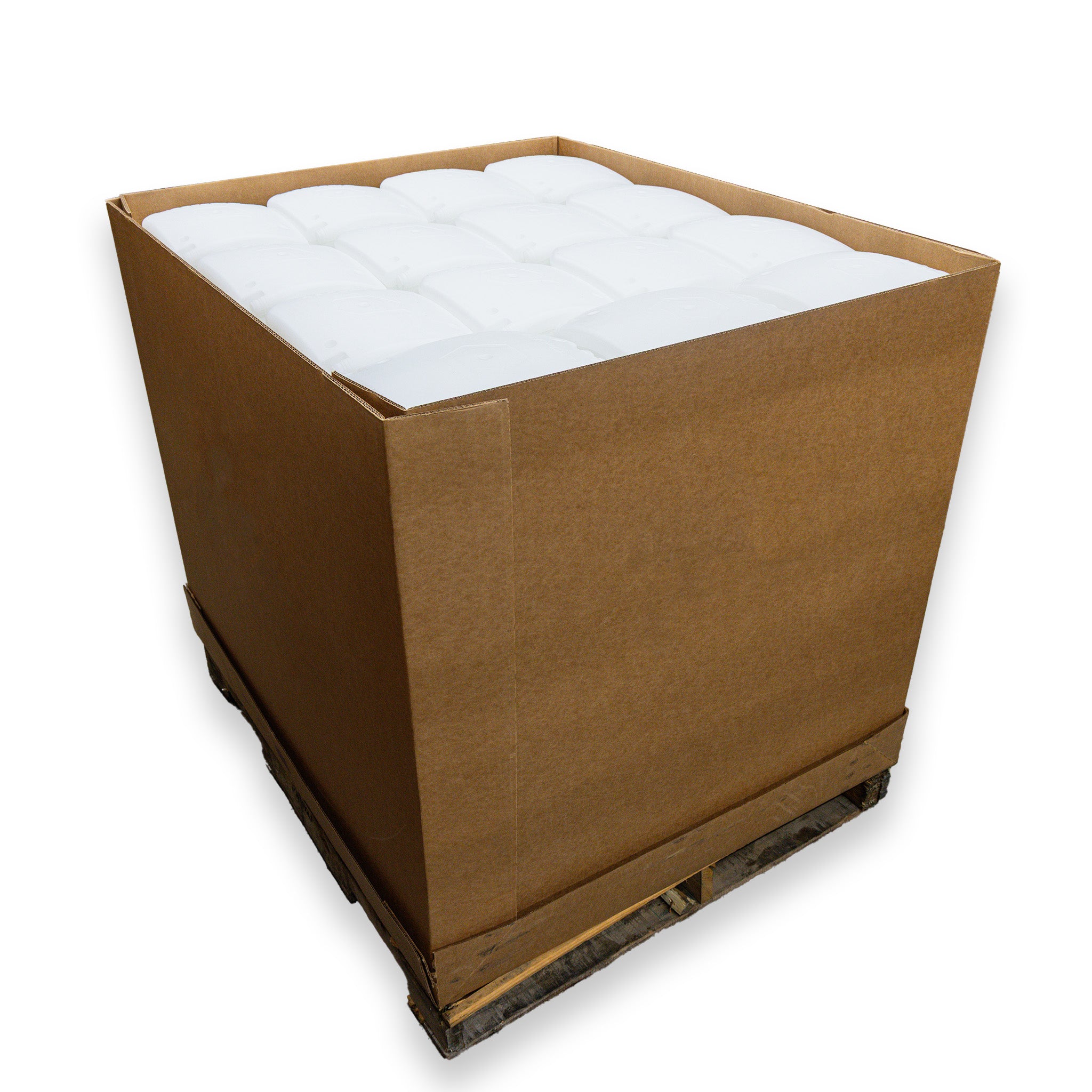 Cardboard box on a wooden pallet with Frost White ICEPLATE® Gen 3 water bladders inside