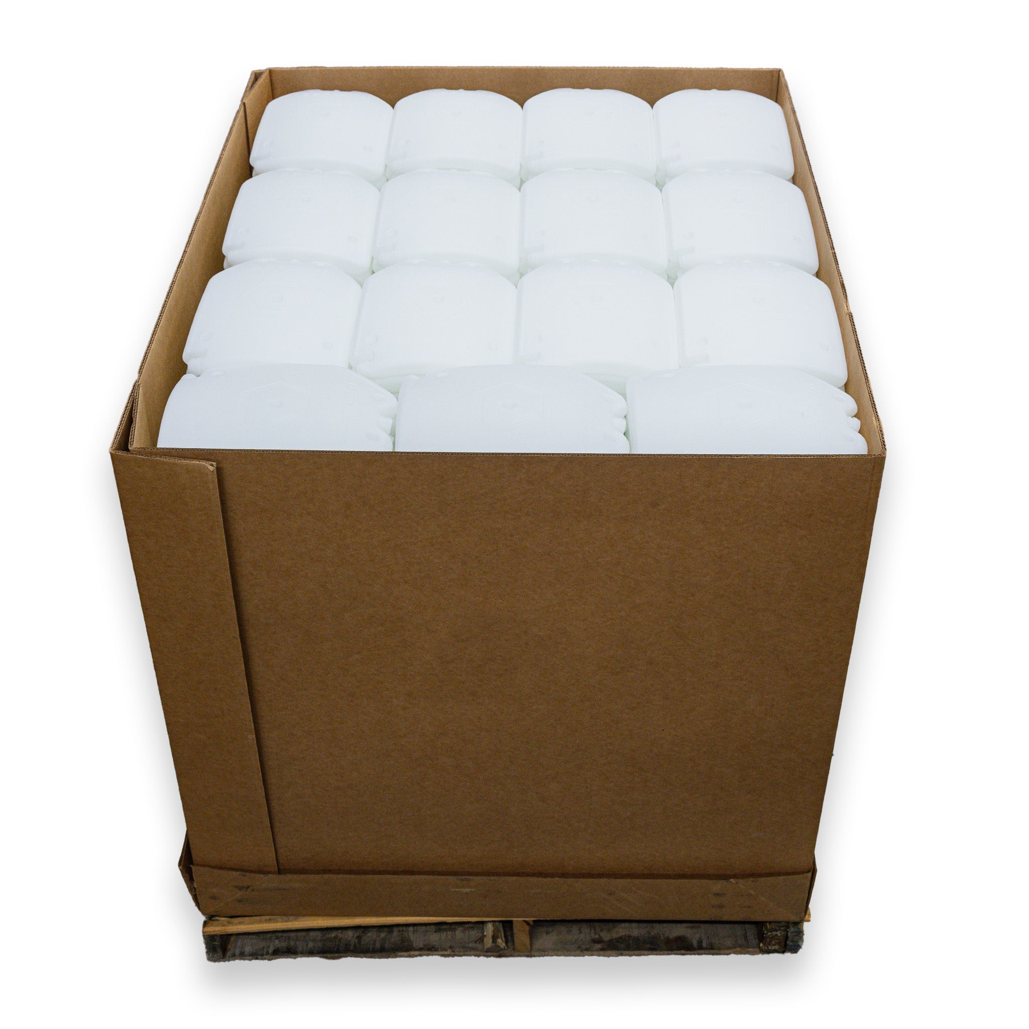 Cardboard box on a wooden pallet with Frost White ICEPLATE® Gen 3 water bladders inside