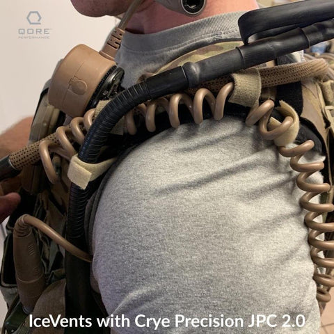 Close-up side view of man's shoulder wearing a tactical vest with ICEVENTS Classic shoulder pad attachment; cord management by Garand Thumb. Caption reads: "ICEVENTS under Crye Precision JPC 2.0"