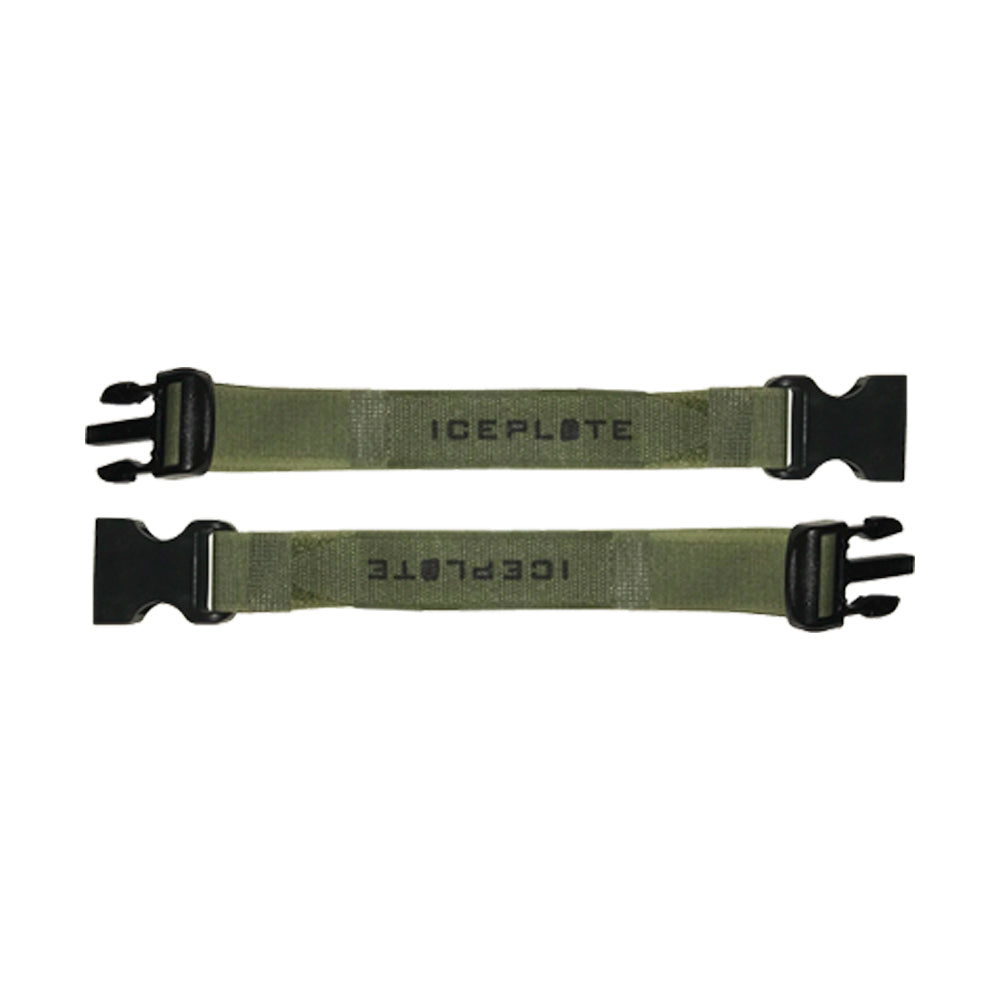 Ranger green MOLLE Velcro strap with quick-release buckle shown coiled, ideal for securing equipment to MOLLE panels and soft cases.